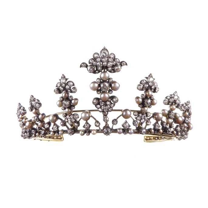 Victorian pearl and diamond cartouche cluster tiara, English c.1890, converting to a necklace, formerly belonging to the Earl of Perth, | MasterArt